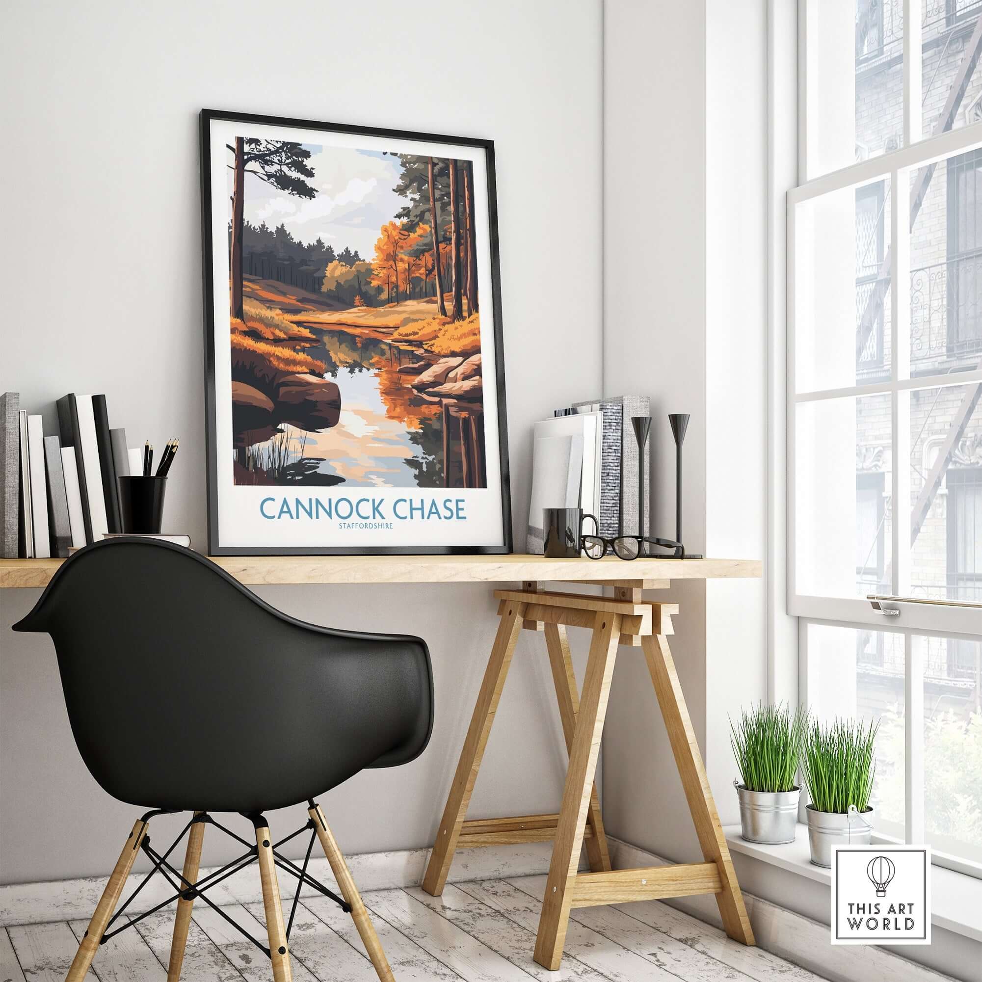 Cannock Chase Print showcasing nature's beauty in a serene office setting with stylish decor.