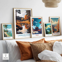 Stylish wall display of framed prints, featuring Cannock Chase Print among other travel art.