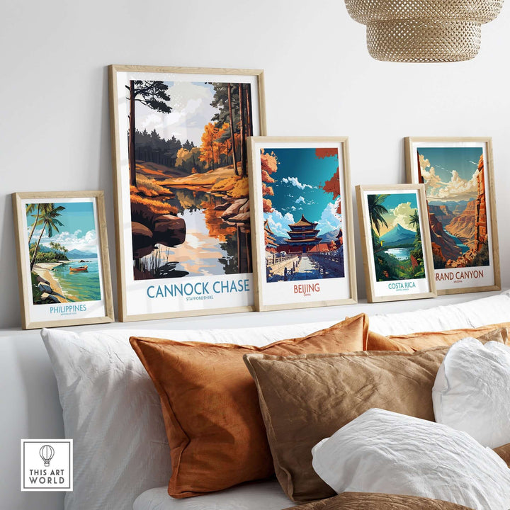 Cannock Chase print showcased among framed travel art prints on a stylish wall decor above a cozy sofa.