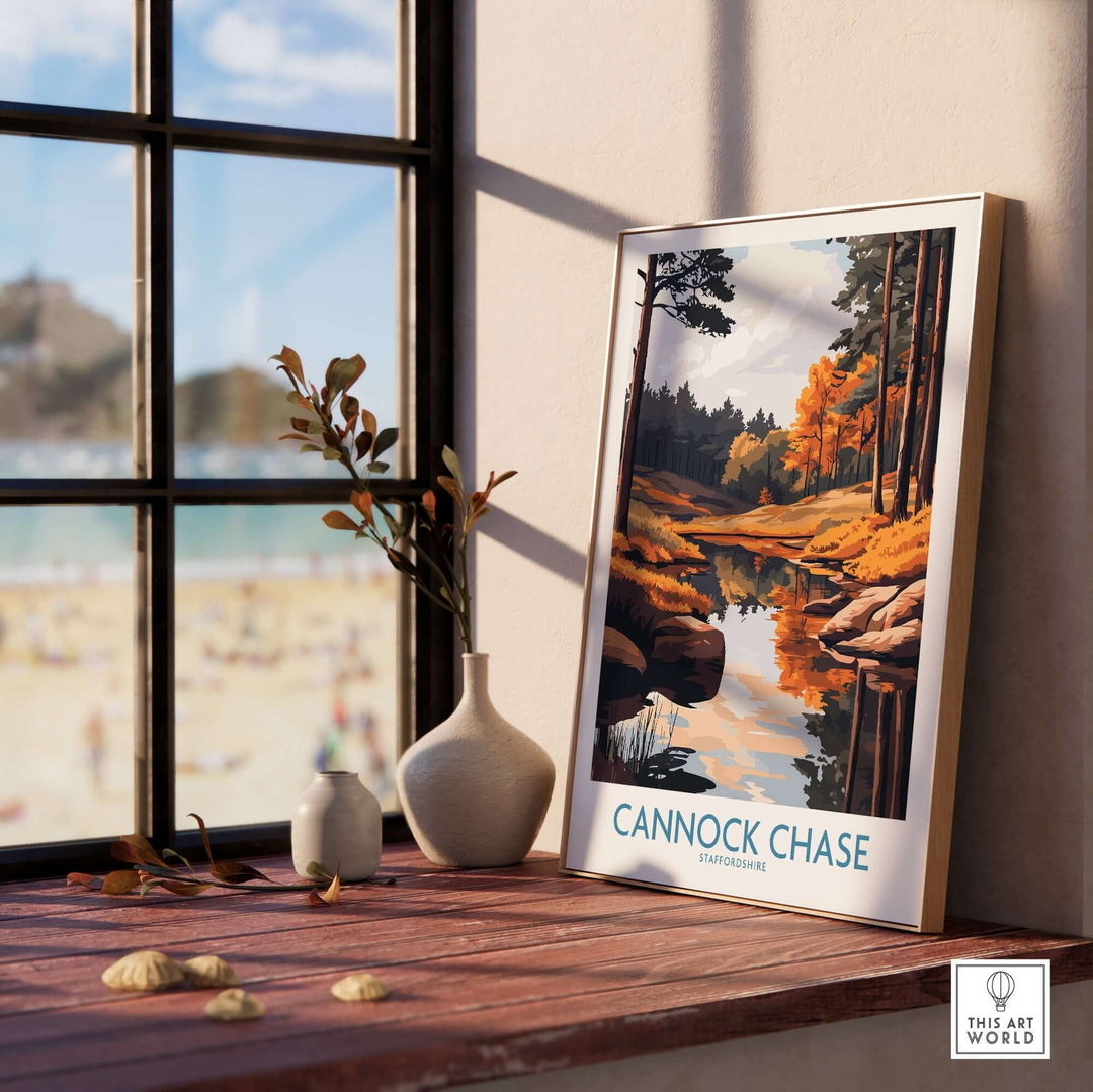 Cannock Chase print displayed by a sunny window, showcasing autumn colors and serene reflections on the water.