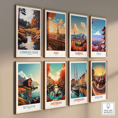 Cannock Chase Print and other city-themed art prints displayed on a wall, showcasing vibrant landscapes.