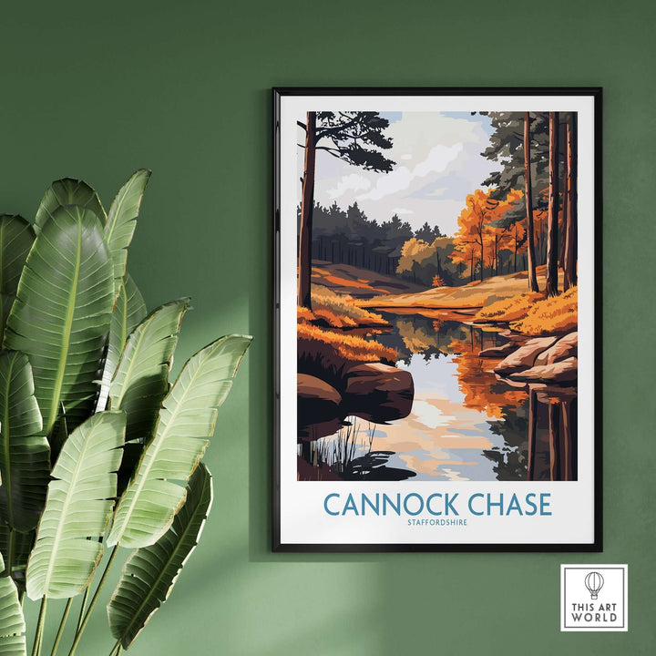 Cannock Chase print showcasing serene nature scene with autumn colors and reflection in the water, framed against a green backdrop.