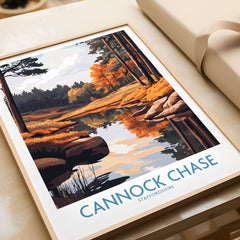 Cannock Chase Print showcasing a serene landscape of Cannock Chase with vibrant autumn colors and reflections on water.
