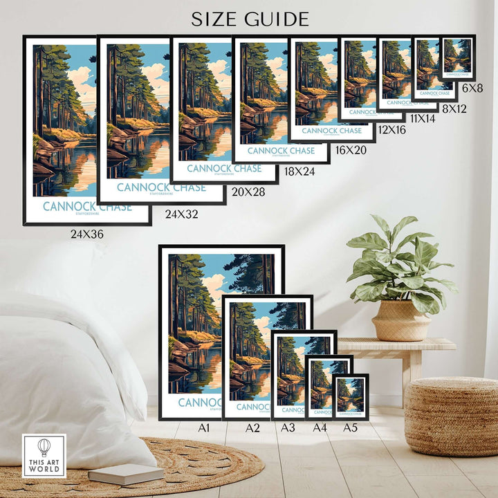 Size guide for Cannock Chase poster prints in various dimensions, displayed in an inviting home setting with plants.