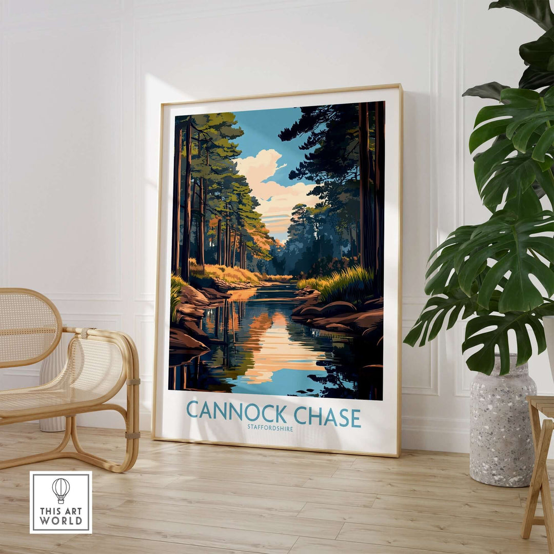 Cannock Chase Staffordshire poster featuring vibrant colors and serene landscapes, displayed in a modern interior setting.