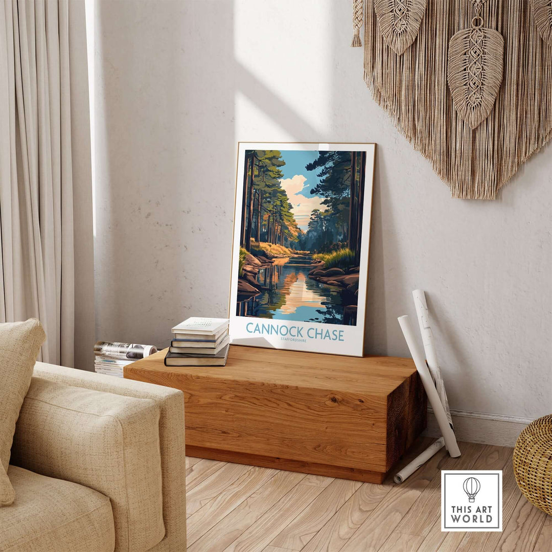 Cannock Chase Staffordshire poster displayed in a cozy living room, showcasing vibrant landscapes and serene river scenes.