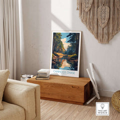 Cannock Chase Staffordshire England Poster displayed in a cozy living room setting with warm sunlight.