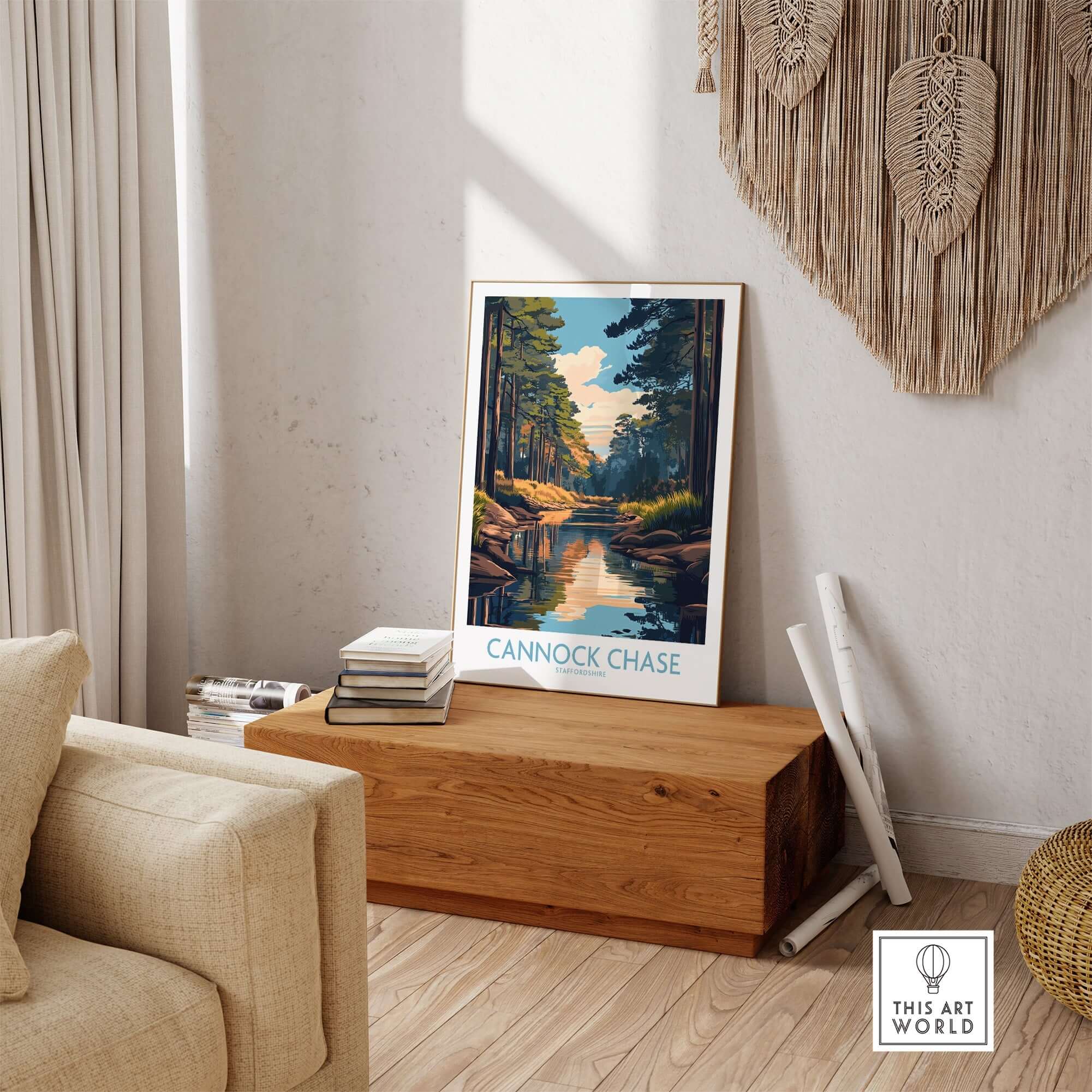 Cannock Chase Staffordshire England Poster displayed in a cozy living room setting with warm sunlight.