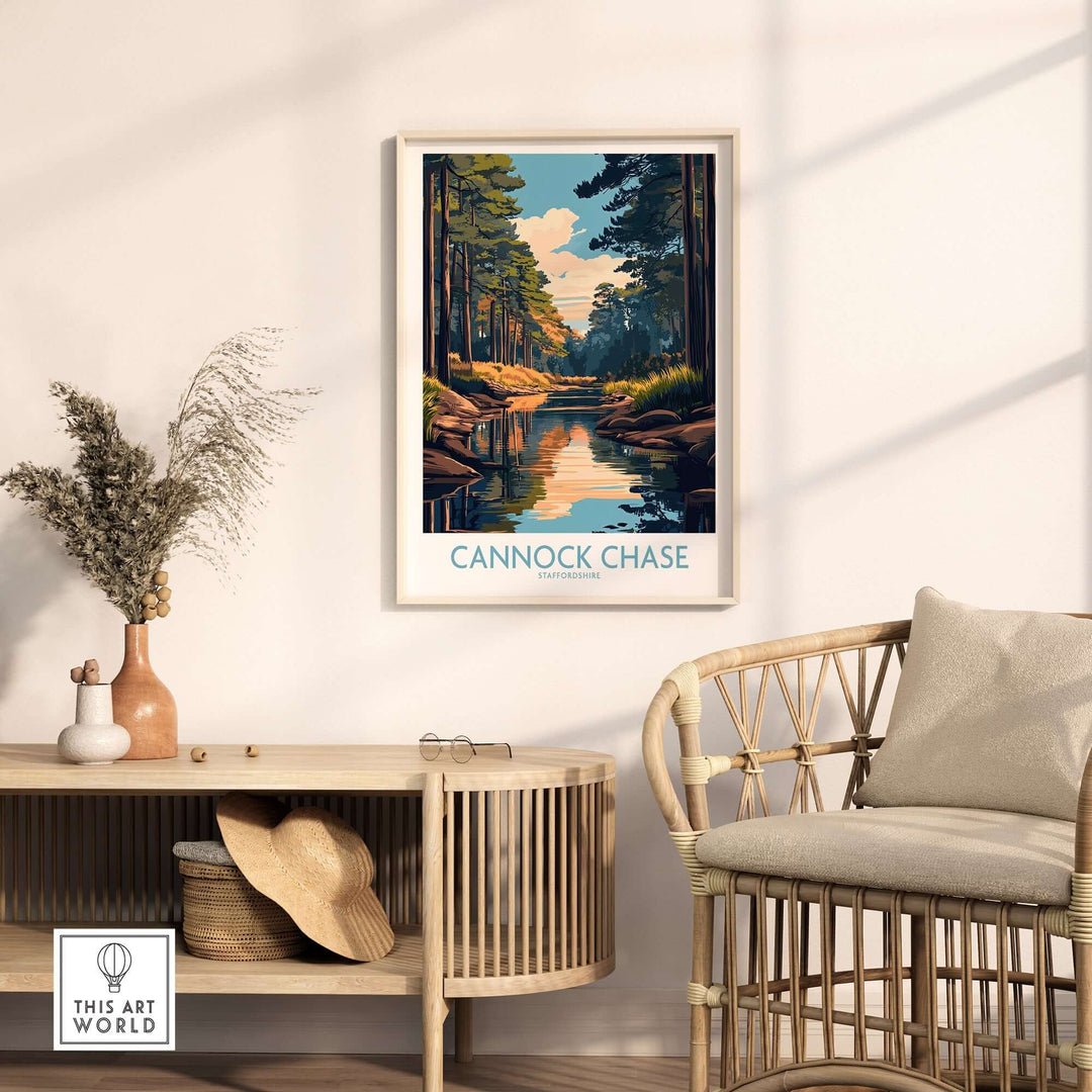 Cannock Chase poster displayed in a modern living space, showcasing vibrant nature and serene water reflections.