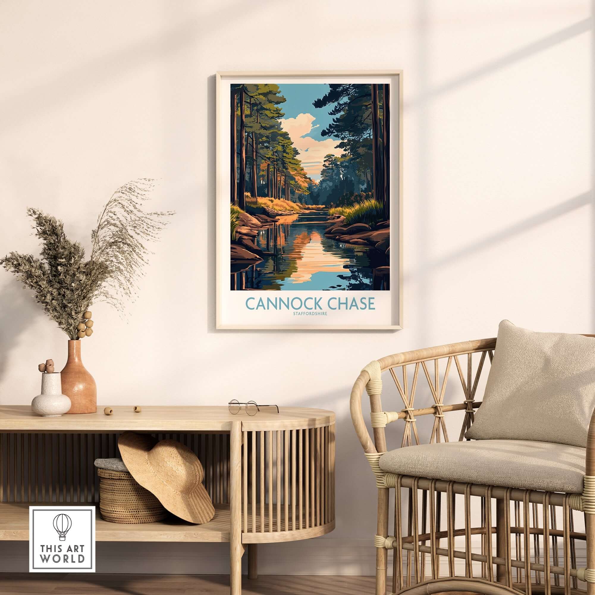 Cannock Chase Staffordshire England Poster featuring a serene landscape with water and trees, perfect for home decor.
