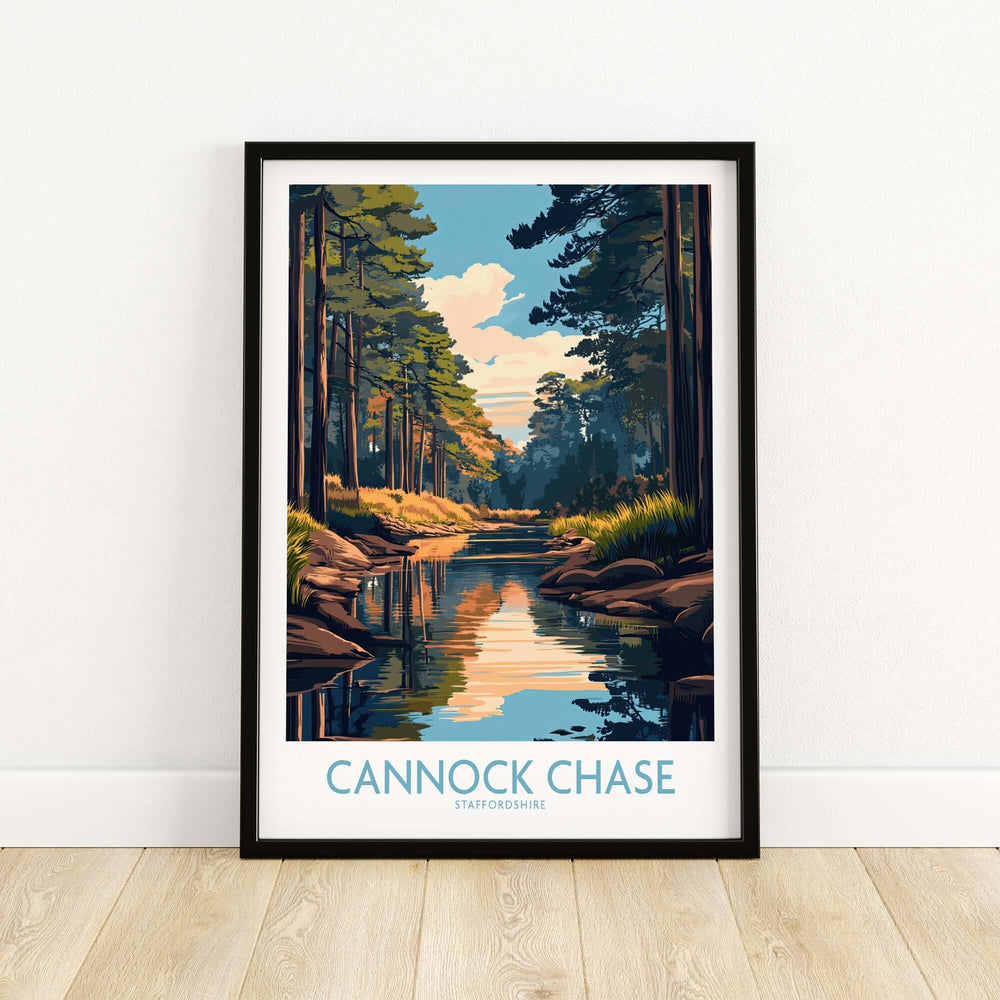 Cannock Chase Staffordshire England poster featuring vibrant landscapes and serene reflections in a framed display.