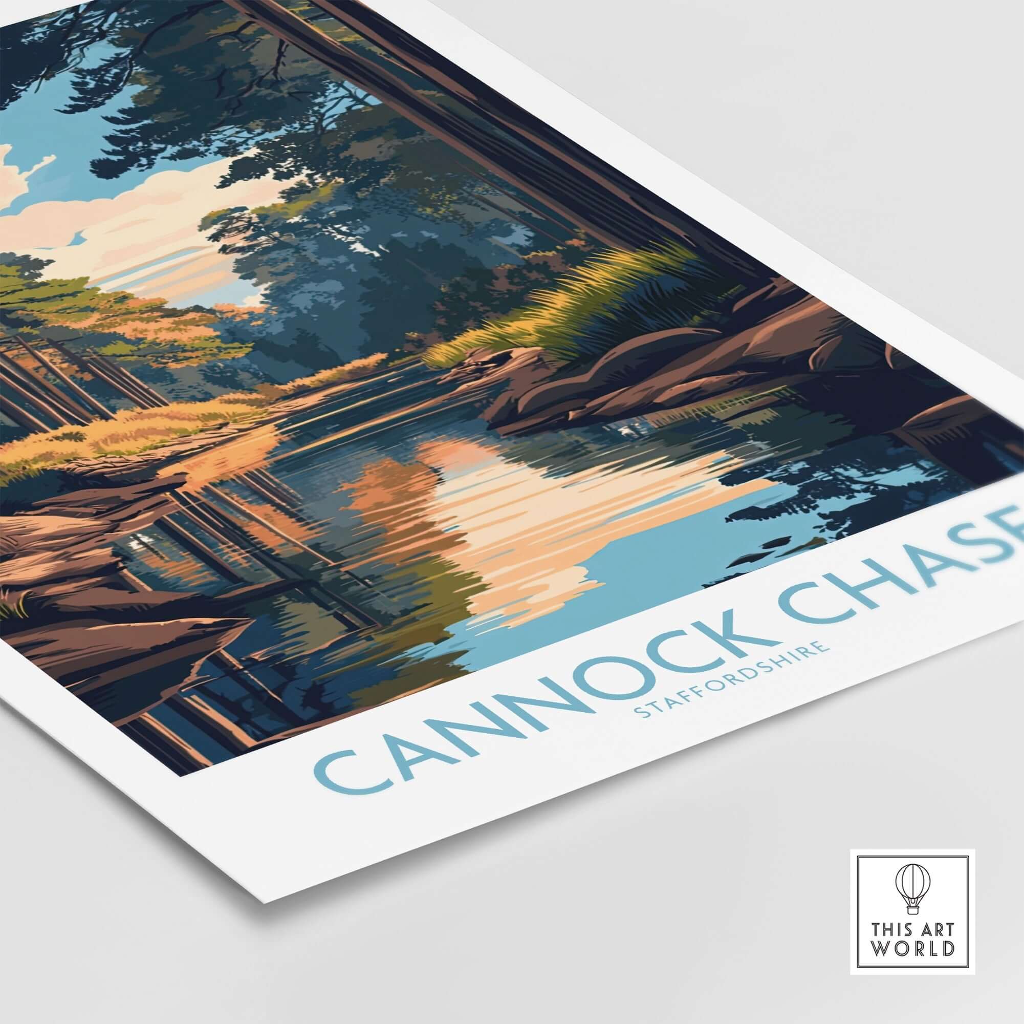Cannock Chase Staffordshire England Poster showcasing a serene landscape with vibrant colors and intricate details.