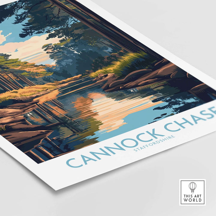 Cannock Chase poster showcasing vibrant nature scenery and tranquil waters in Staffordshire, England. Perfect for home decor.