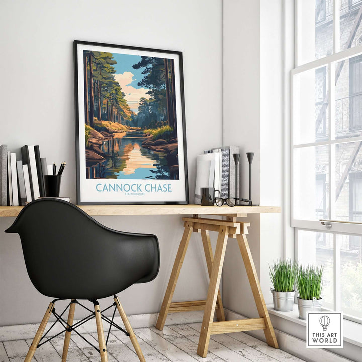 Cannock Chase poster on a desk in a modern room, showcasing vibrant landscapes of Staffordshire, England.