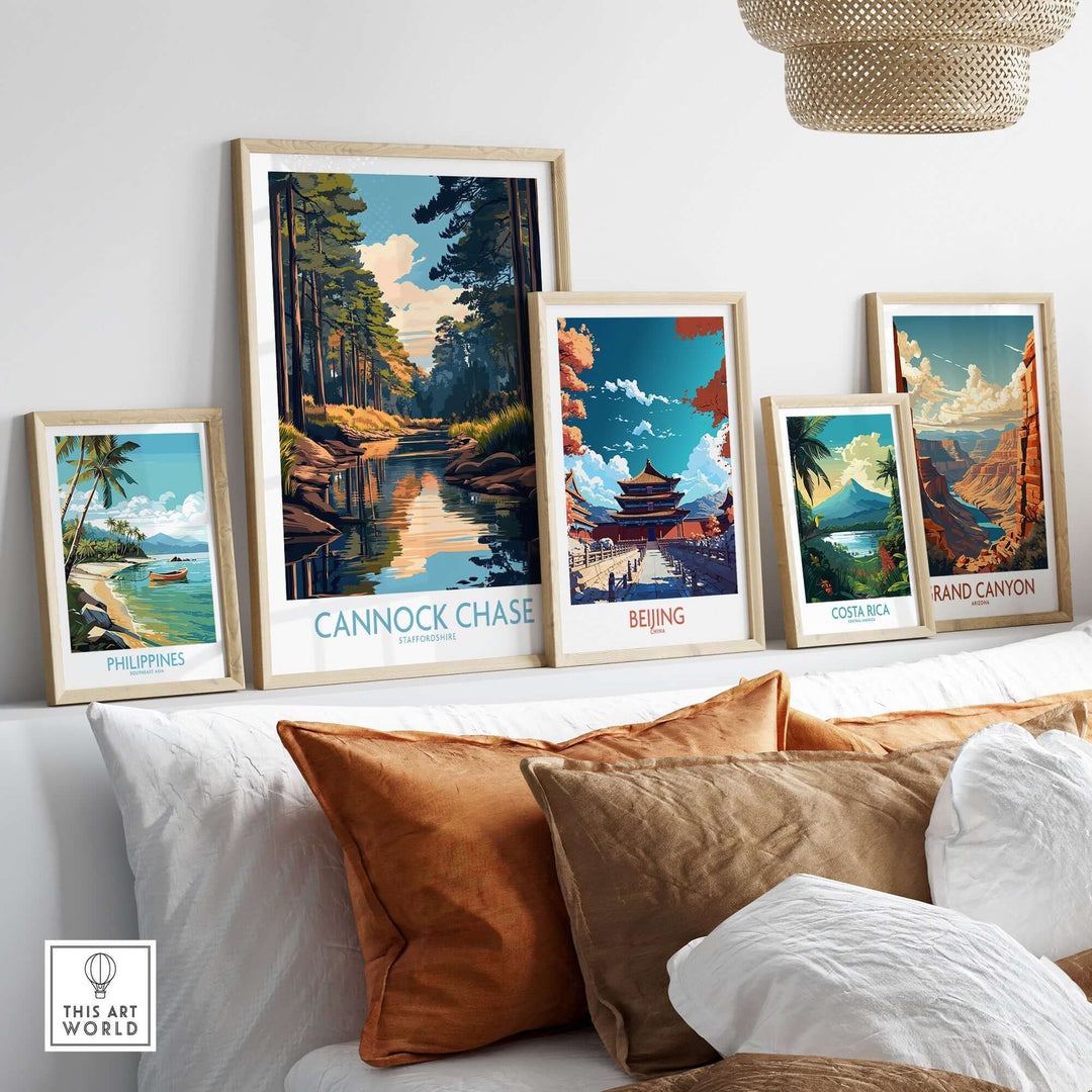 Vibrant Cannock Chase poster among travel art prints on a stylish wall, showcasing beautiful landscapes and nature.