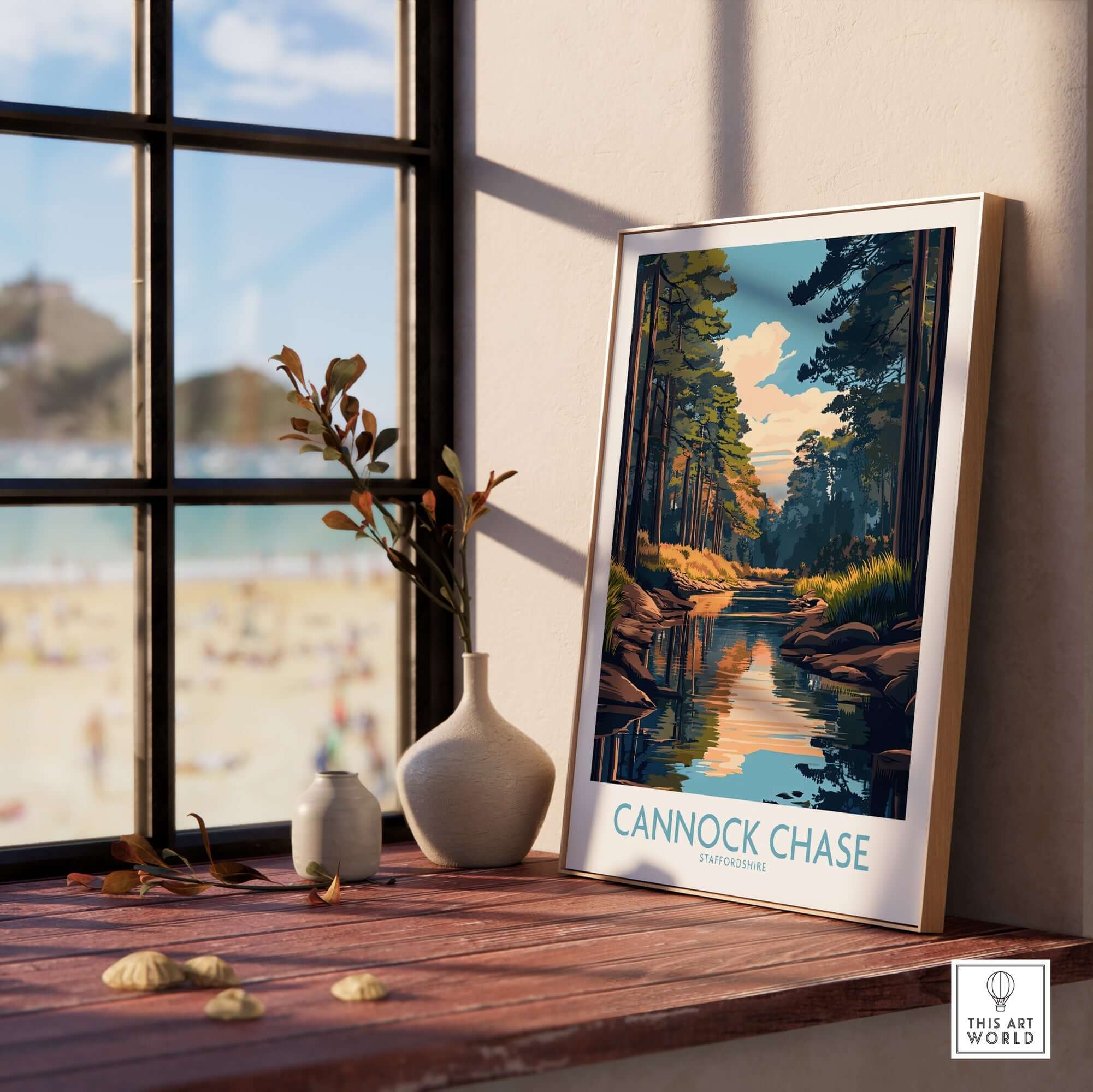Cannock Chase Staffordshire England Poster displayed in a bright room with a view of the beach through a window.