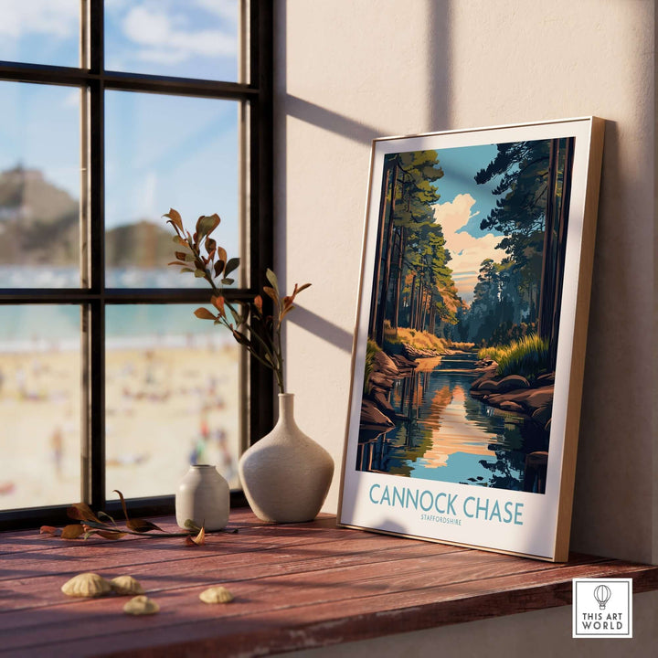 Cannock Chase poster displayed on a windowsill with a view, showcasing vibrant nature and tranquil river scene.