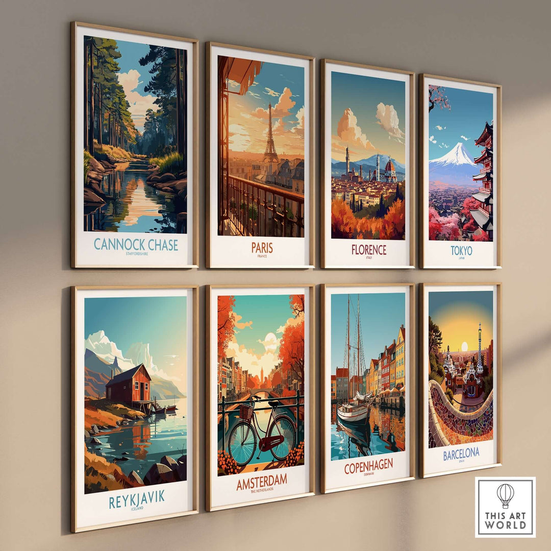 Colorful collection of travel posters including Cannock Chase, Paris, Florence, Tokyo, Reykjavik, Amsterdam, Copenhagen, and Barcelona.