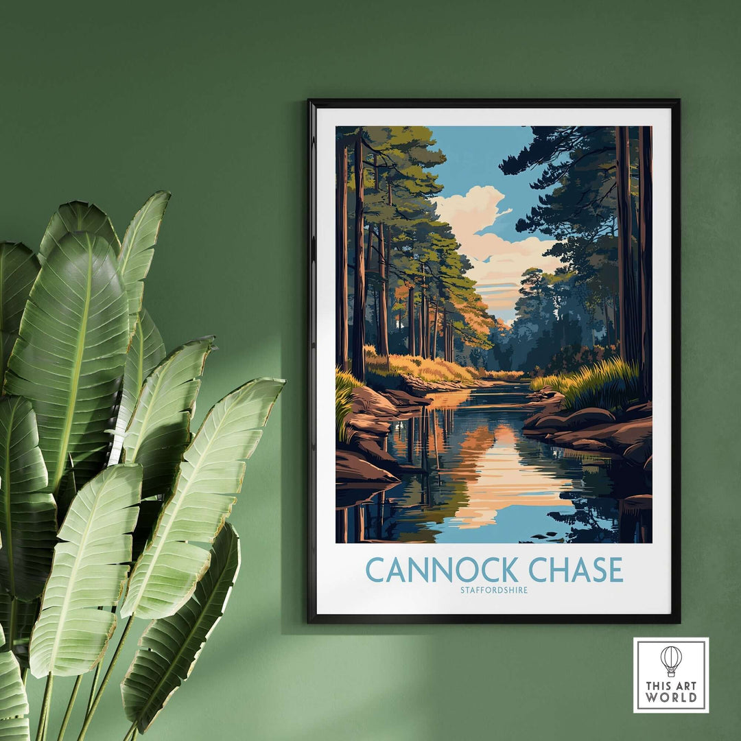 Cannock Chase Staffordshire poster featuring a scenic landscape with trees and a river, framed and displayed on a green wall.