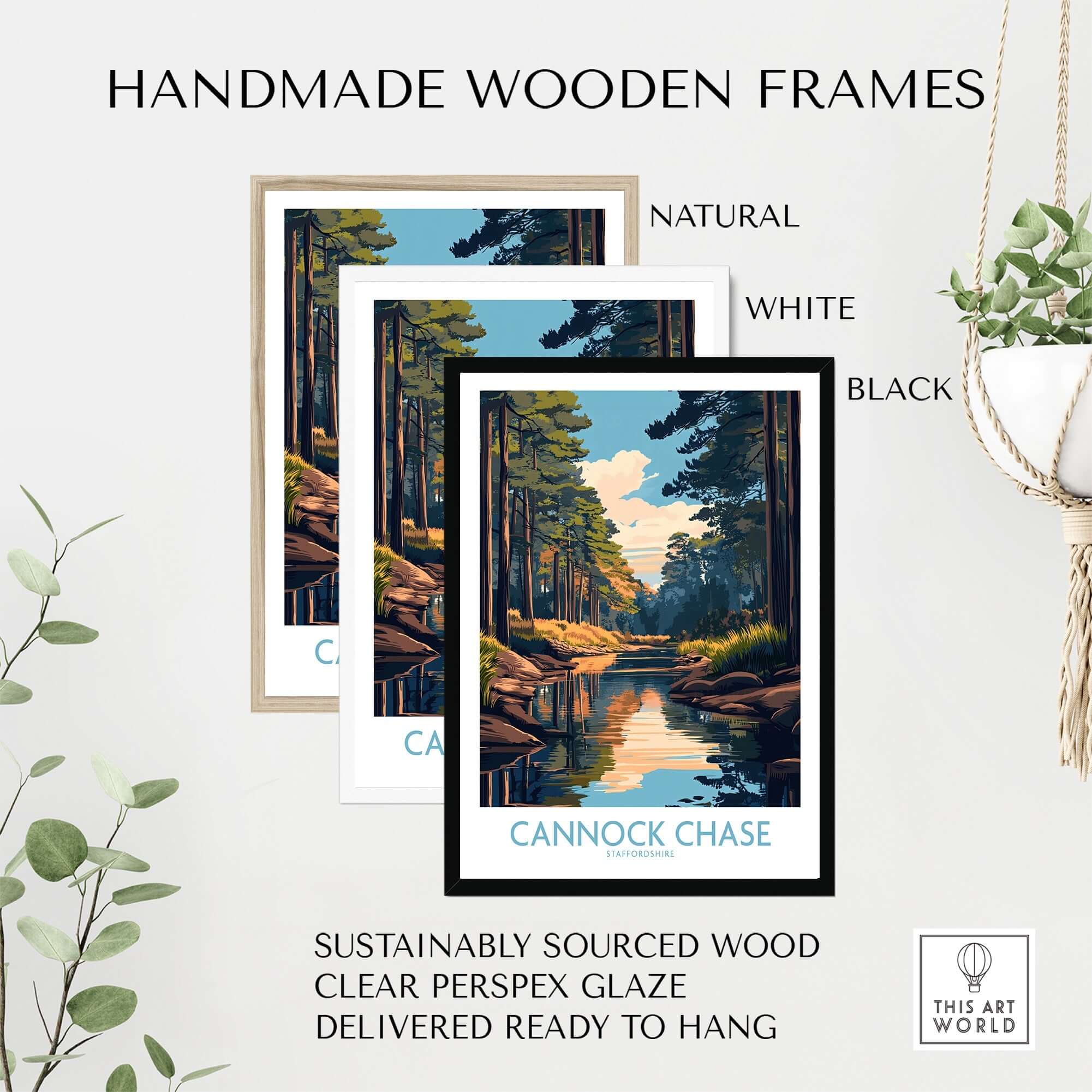 Handmade wooden frames in natural, white, and black colors showcasing Cannock Chase Staffordshire England Poster.