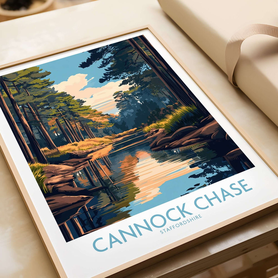 Cannock Chase Staffordshire poster featuring vibrant colors and serene river landscape, perfect for nature lovers.