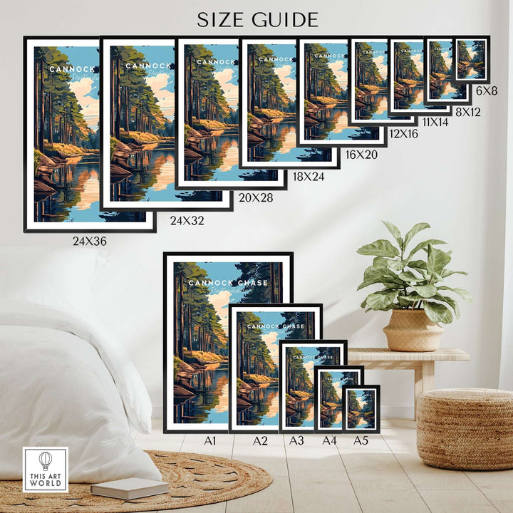 Size guide for Cannock Chase Staffordshire travel print featuring various frame sizes in a home decor setting.