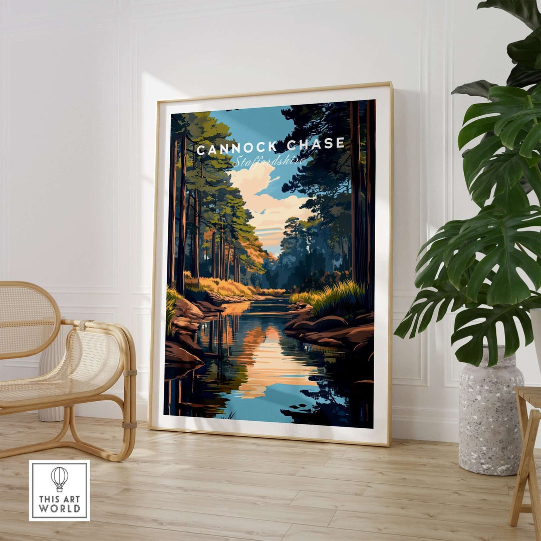 Cannock Chase travel print showcasing vibrant landscape and trees in Staffordshire, England, perfect for home decor.