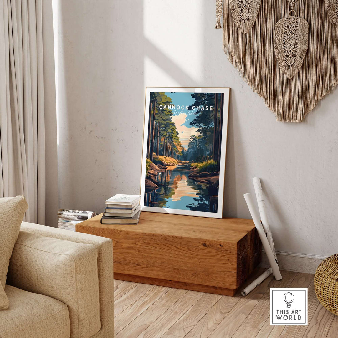 Cannock Chase travel print displayed in a cozy living room, showcasing vibrant landscape and serene reflection in water.