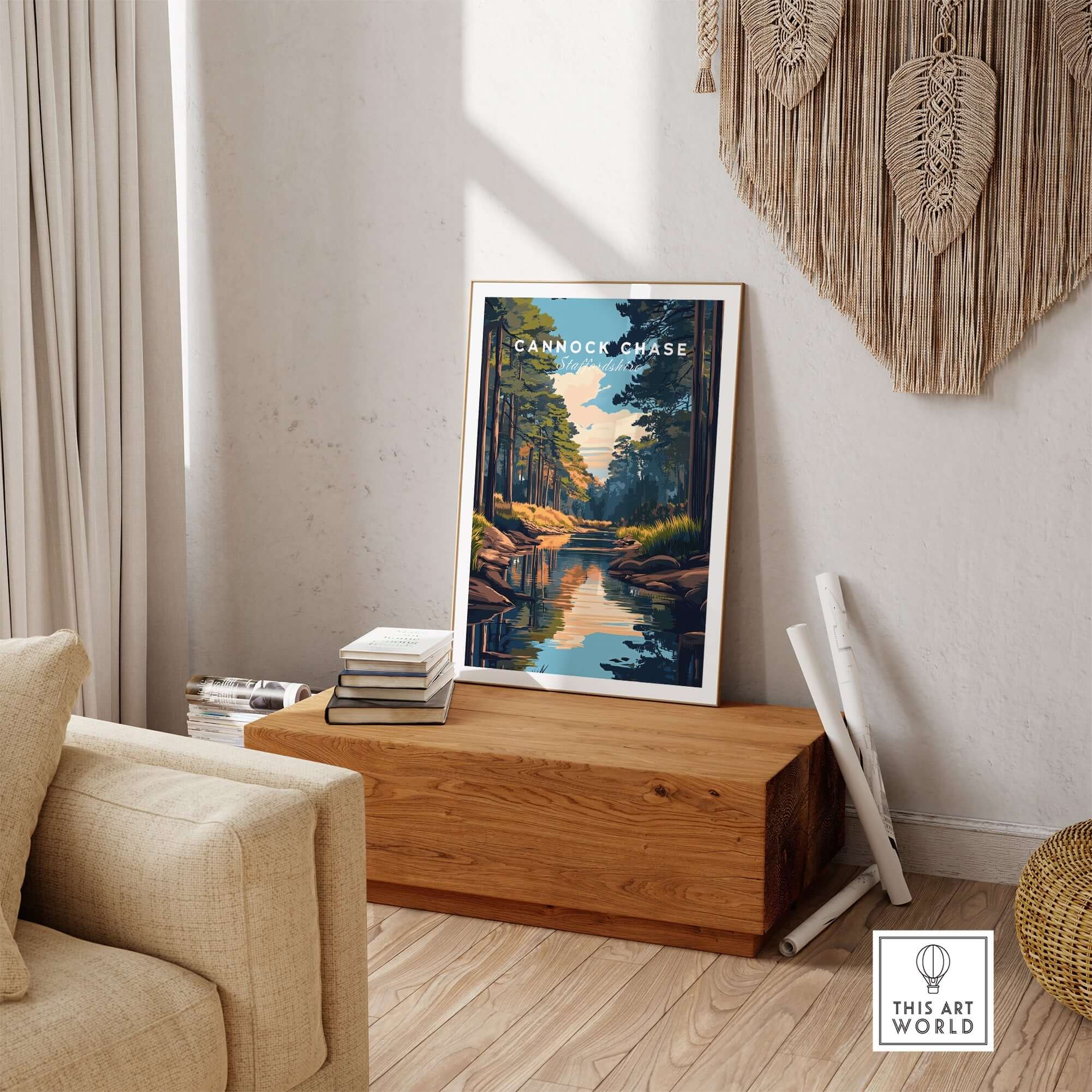 Cannock Chase Staffordshire England Travel Print showcased in a stylish home decor setting with vibrant colors.