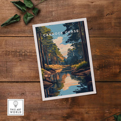 Cannock Chase Staffordshire England Travel Print featuring a serene landscape with water and trees on a wooden table.