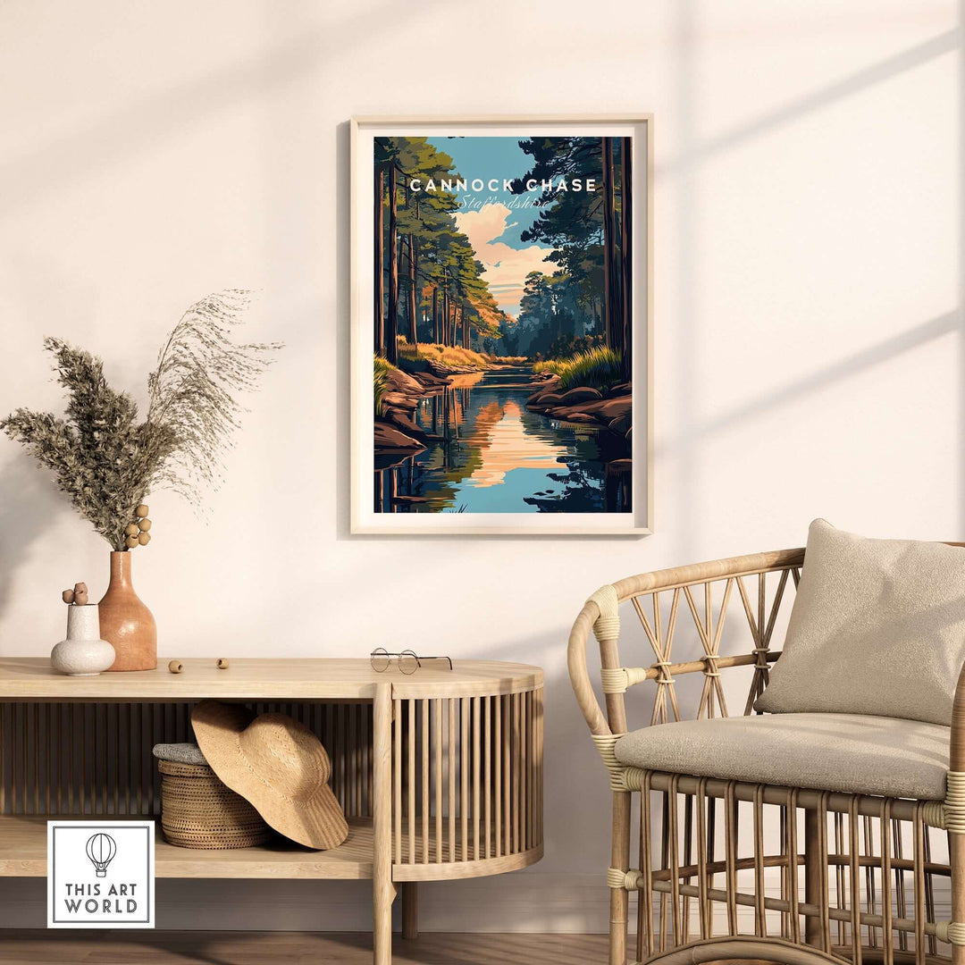 Cannock Chase travel print showcasing vibrant landscape and serene water reflections, perfect for home decor.