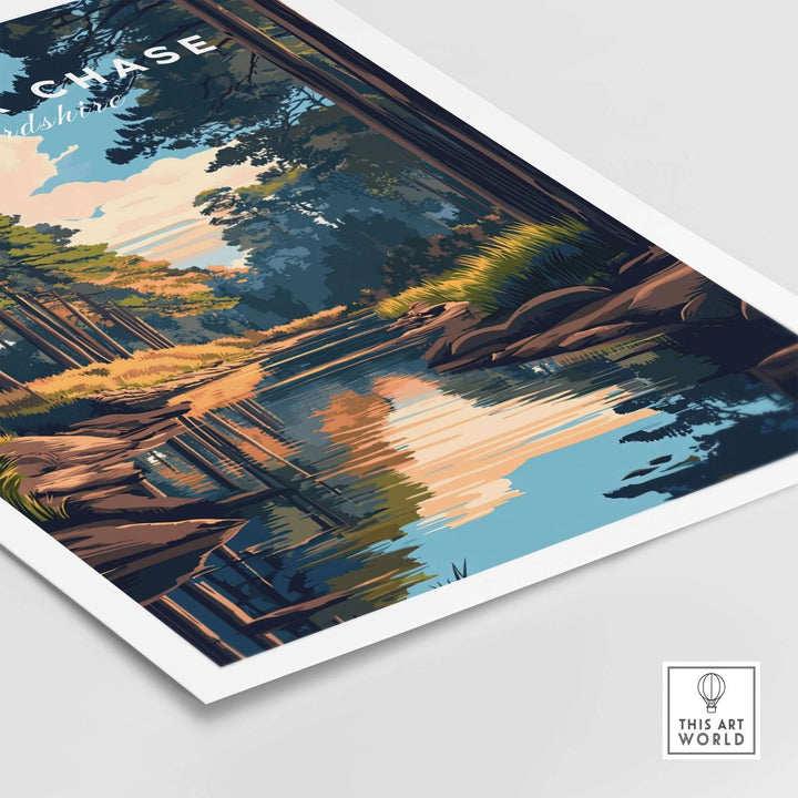 Cannock Chase travel print featuring lush trees and serene reflections on water in Staffordshire, England.