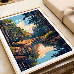 Cannock Chase Staffordshire England Travel Print showcasing a serene forest landscape with a reflective river.