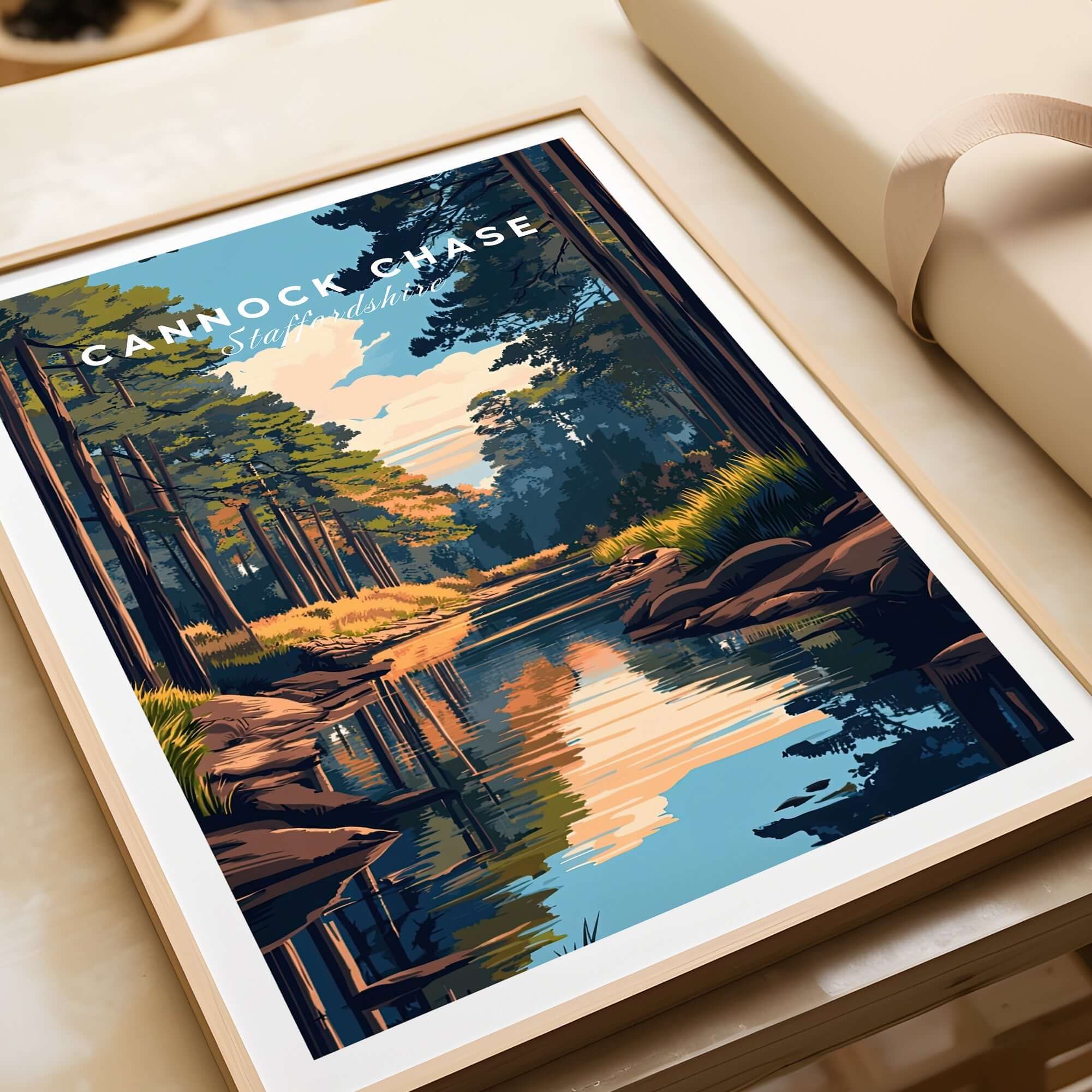 Cannock Chase Staffordshire England Travel Print showcasing a serene forest landscape with a reflective river.