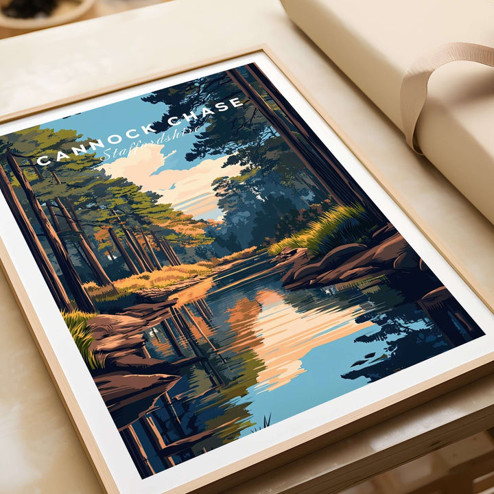 Cannock Chase travel print showcasing a serene landscape with lush trees and a reflective river in Staffordshire, England.