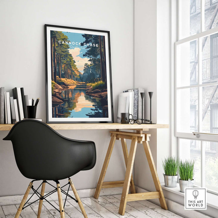 Cannock Chase travel print showcasing vibrant landscape in a stylish home office setting. Perfect for travel enthusiasts.