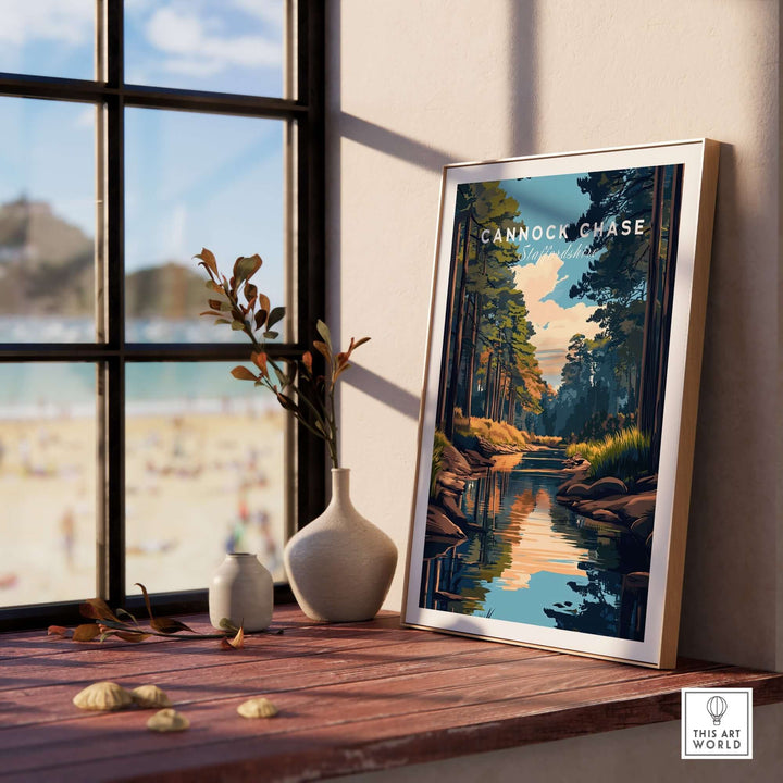 Cannock Chase travel print displayed on a wooden table by a window, showcasing a serene landscape of Staffordshire, England.