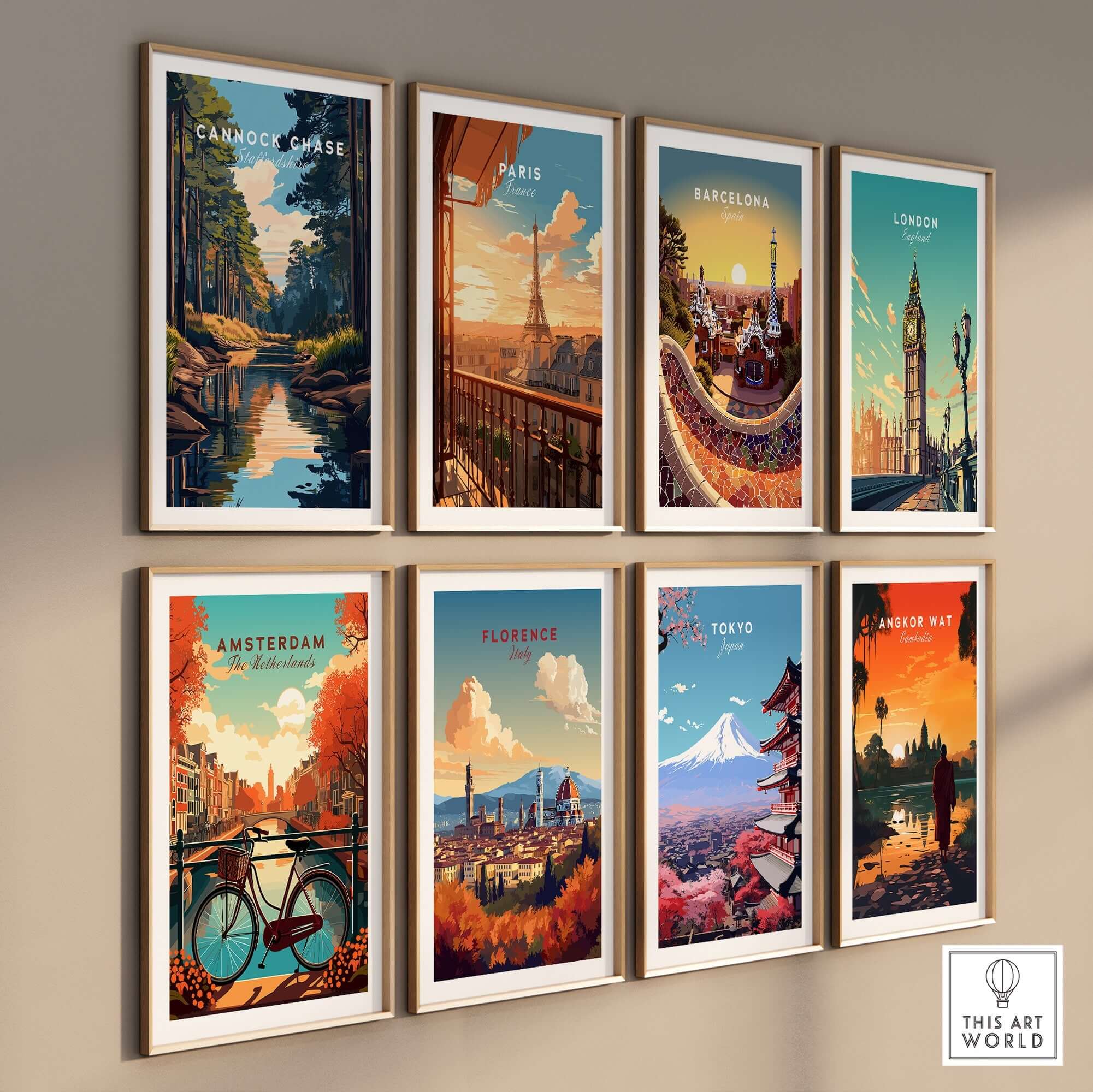 Cannock Chase Staffordshire England Travel Print in a vibrant art gallery display with other city prints.