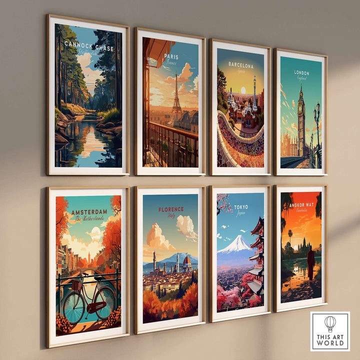 Colorful travel prints featuring Cannock Chase, Paris, Barcelona, London, Amsterdam, Florence, Tokyo, and Angkor Wat.