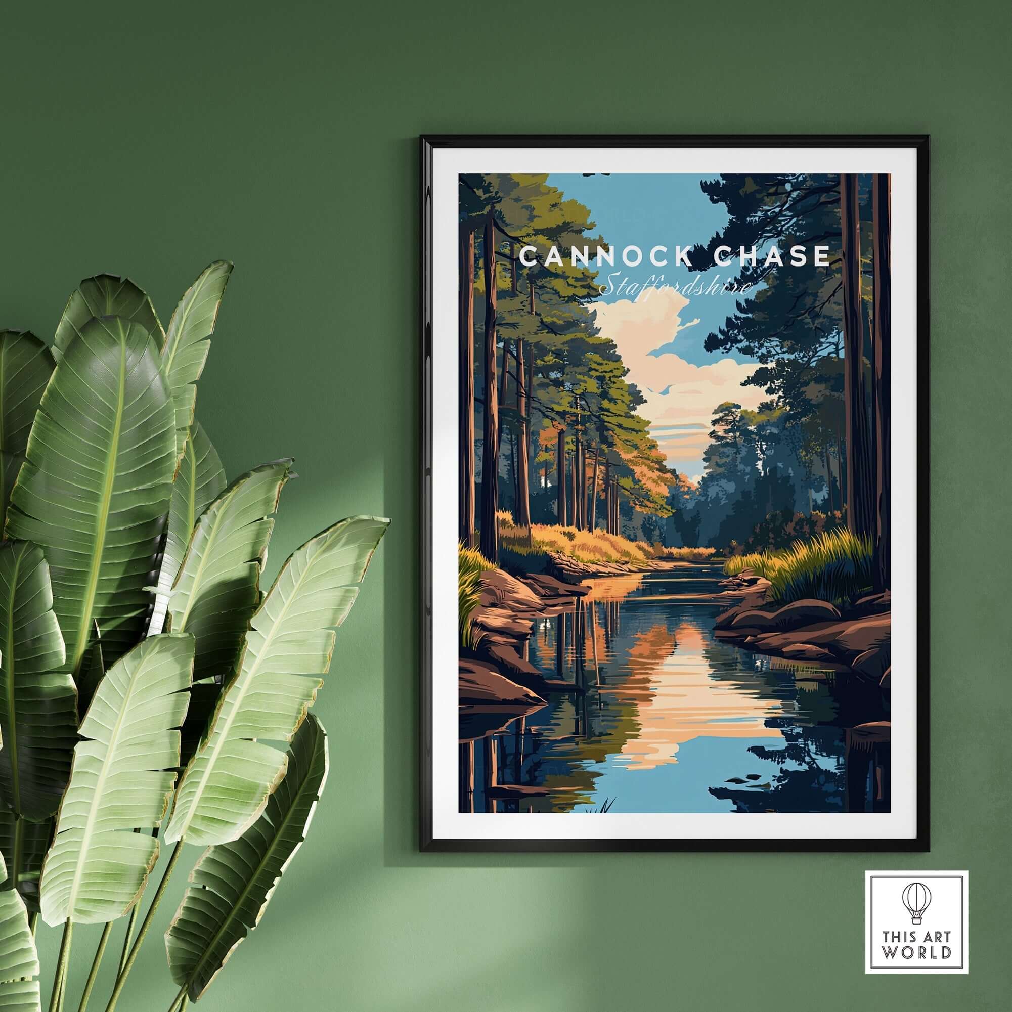 Cannock Chase Staffordshire England Travel Print showcasing a serene landscape with trees and a river.