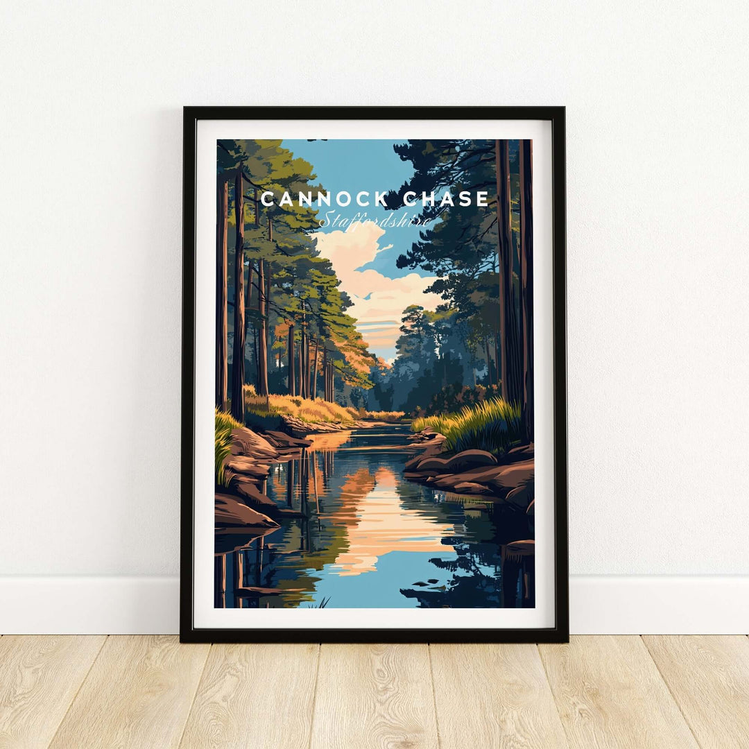 Cannock Chase Staffordshire England travel print featuring vibrant landscape and serene river reflections. Perfect for home decor.