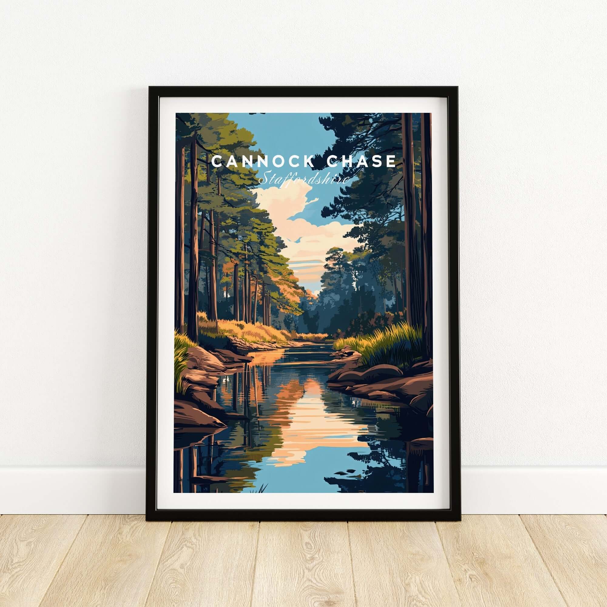Cannock Chase Staffordshire England Travel Print showcasing a serene landscape with vibrant colors and reflections.