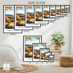 Size guide for Cannock Chase Travel Poster prints showcasing various dimensions and a nature-inspired design.