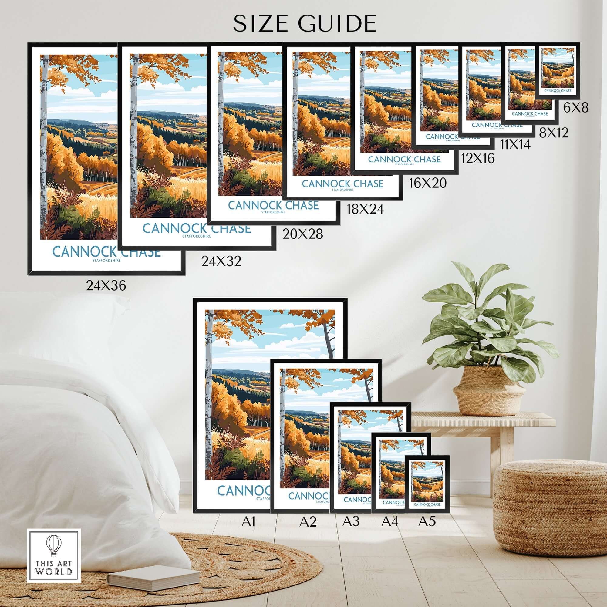 Size guide for Cannock Chase Travel Poster prints showcasing various dimensions and a nature-inspired design.