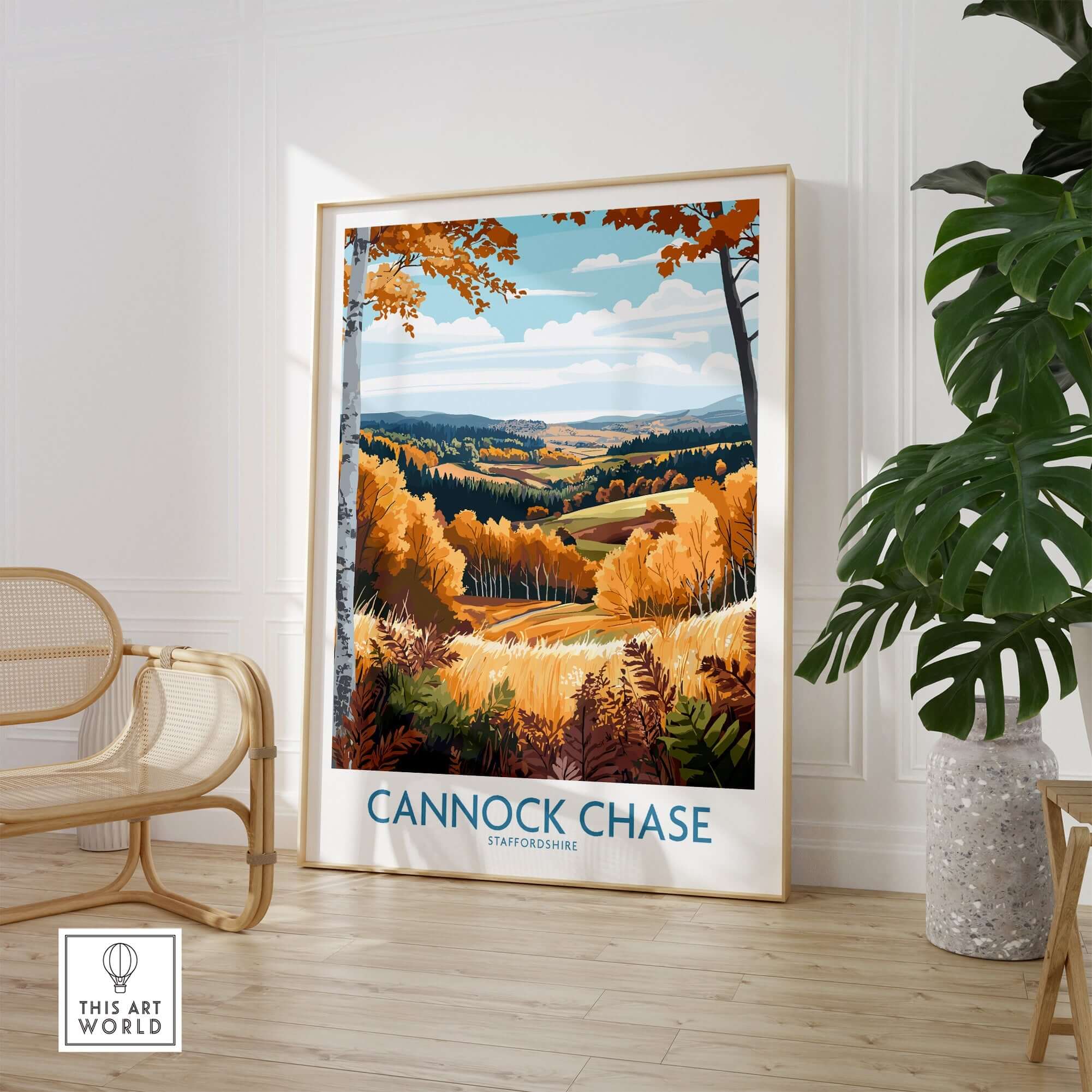 Cannock Chase Travel Poster showcasing picturesque landscape with autumn foliage in a stylish setting.