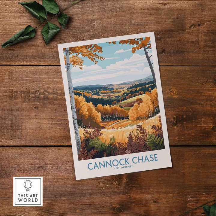 Cannock Chase travel poster featuring a scenic autumn landscape with vibrant colors, perfect for home or office decor.