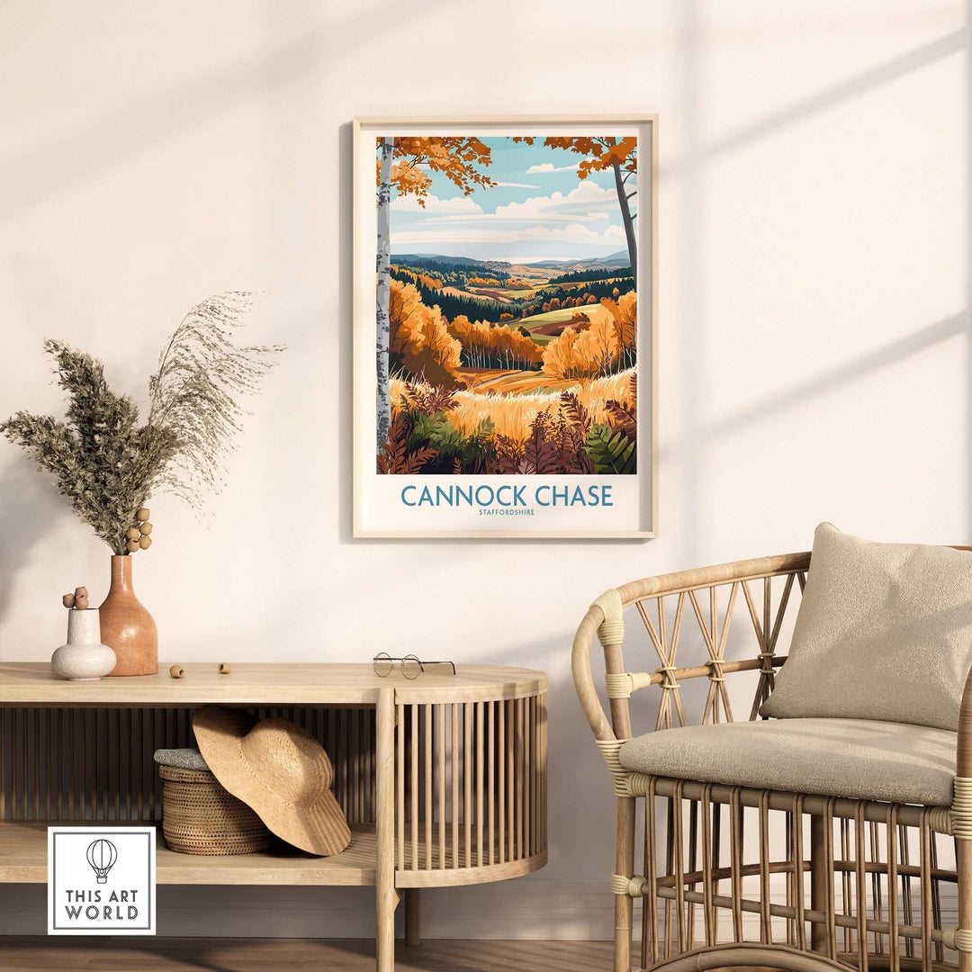 Cannock Chase travel poster showcasing vibrant autumn landscape in a cozy home setting. Perfect wall art for nature lovers.