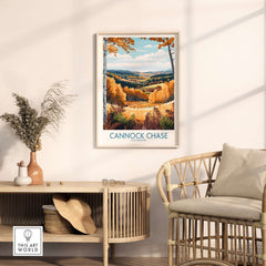 Cannock Chase Travel Poster showcasing vibrant autumn landscapes in a stylish home setting.