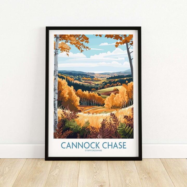 Cannock Chase travel poster featuring vibrant autumn landscape and scenic hills, perfect for nature lovers.