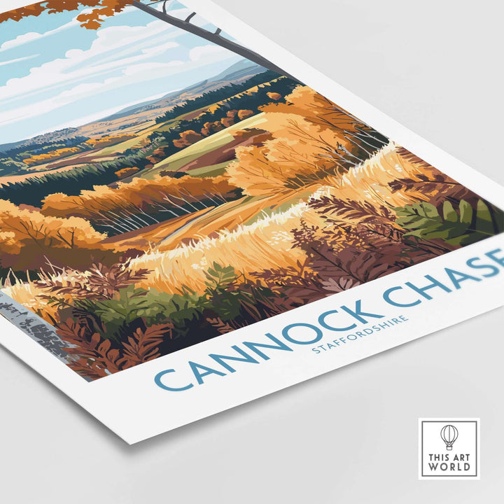 Cannock Chase travel poster featuring a vibrant autumn landscape with rolling hills and colorful foliage.